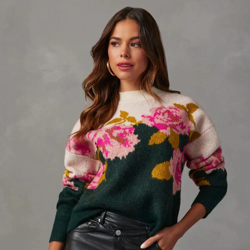Vici Green/Pink/Cream Floral Crew Neck Sweater Size L